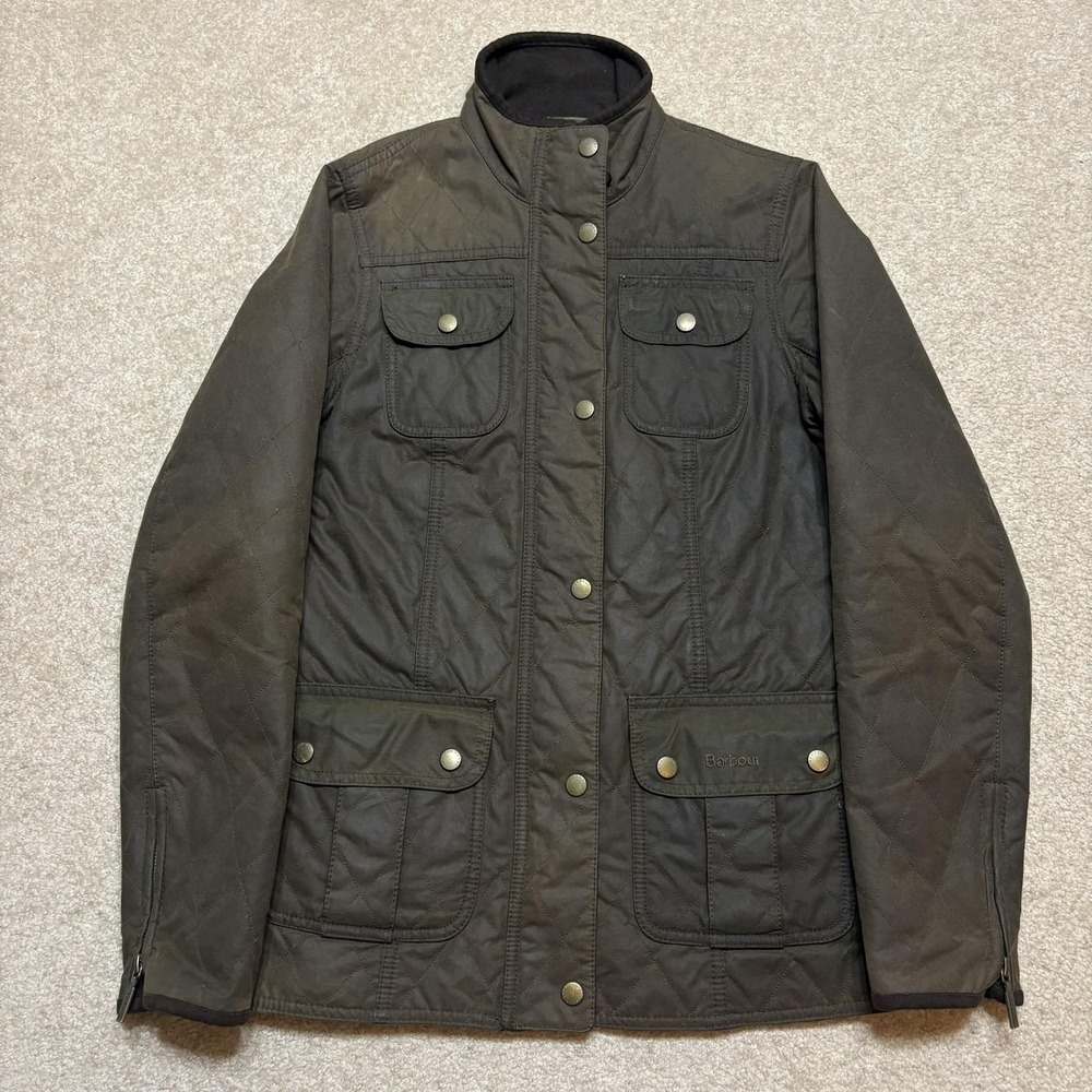 Barbour Jacket Womens 4 Green Waxed Cotton Quilted Full Zip Pockets Outdoor